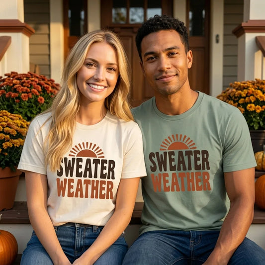 Sweater Weather retro 70s fall t-shirt — lifestyle