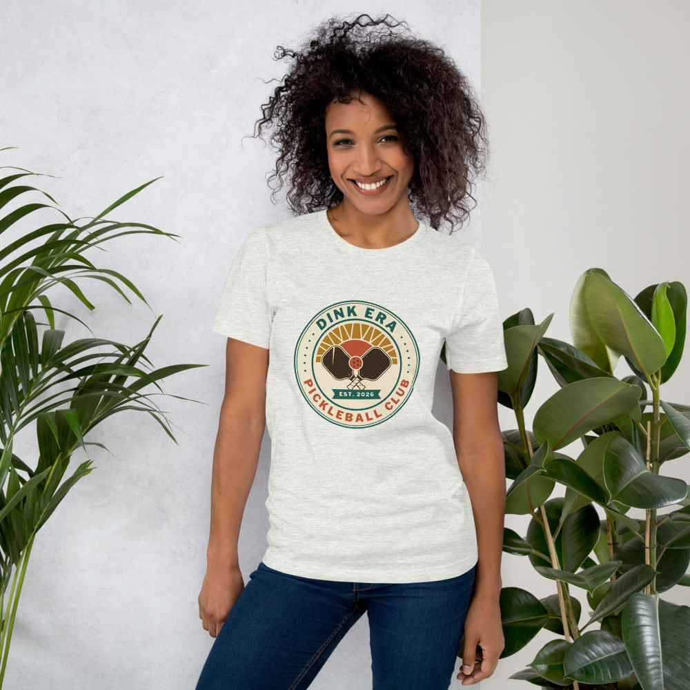 Dink Era Pickleball Club retro tee — Ash, on model
