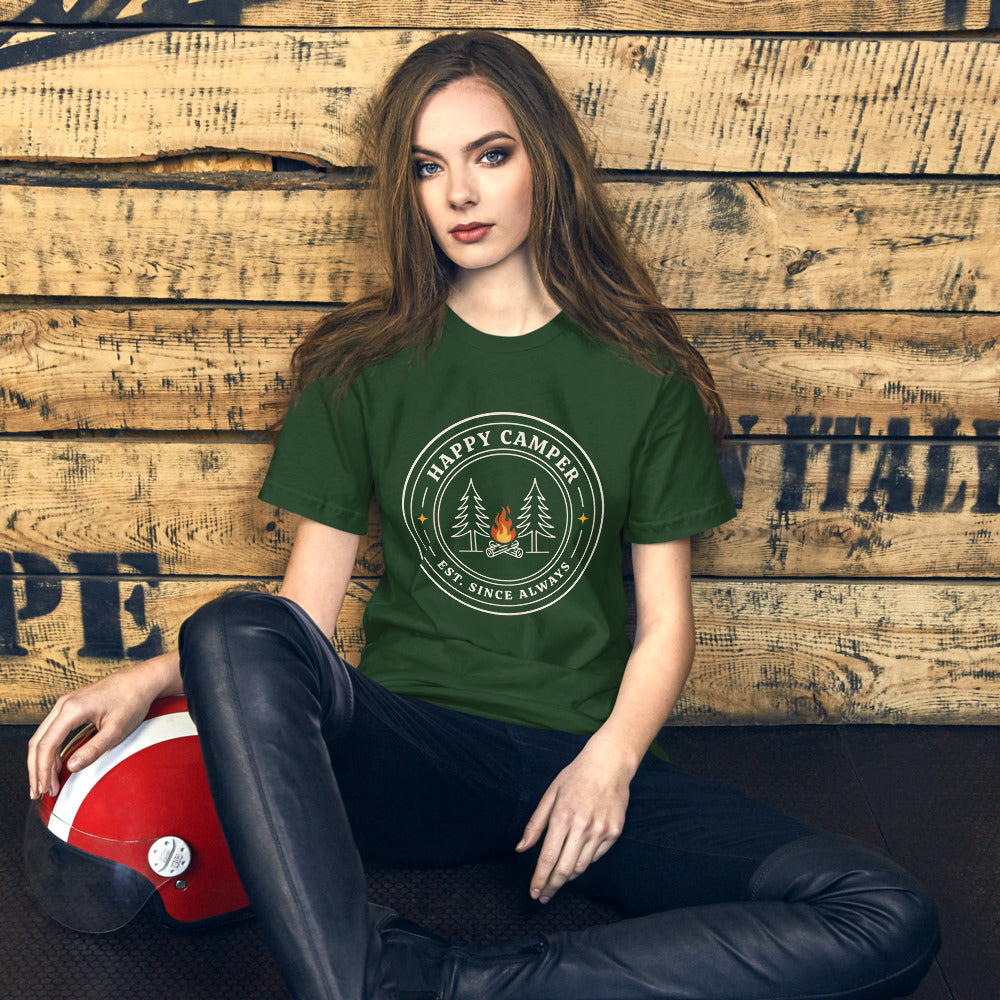 Happy Camper retro camp badge tee — Forest, on model