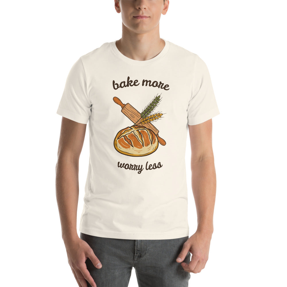 Bake More Worry Less retro kitchen sourdough tee — Vintage White, on model