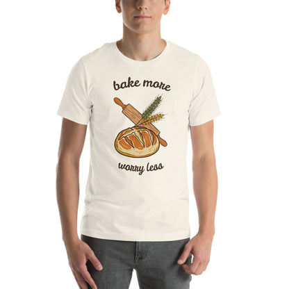 Bake More Worry Less retro kitchen sourdough tee — Vintage White, on model