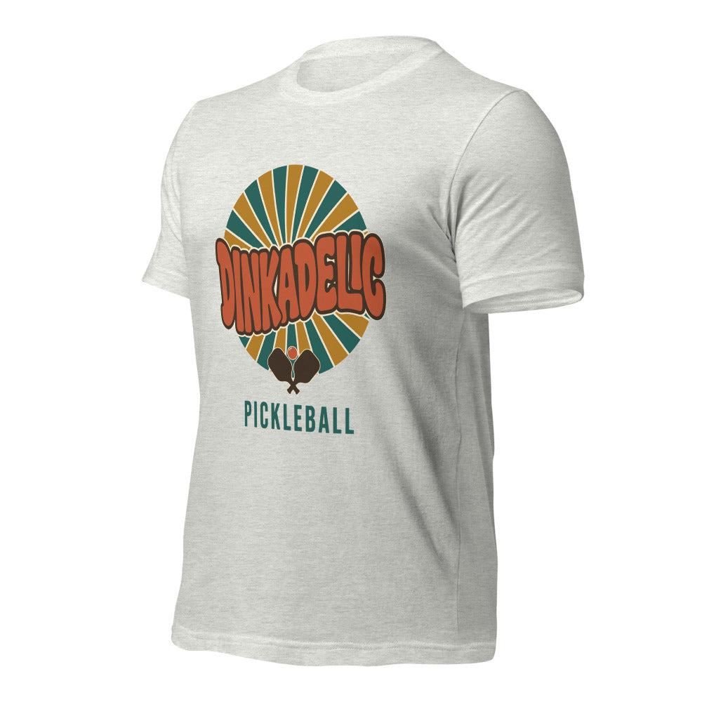 Dinkadelic retro 70s pickleball tee — Ash, front-right angle