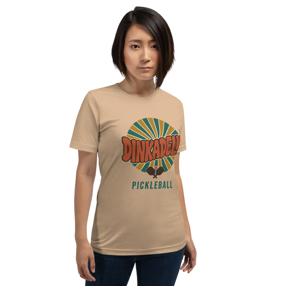 Dinkadelic retro 70s pickleball tee — Tan, on model