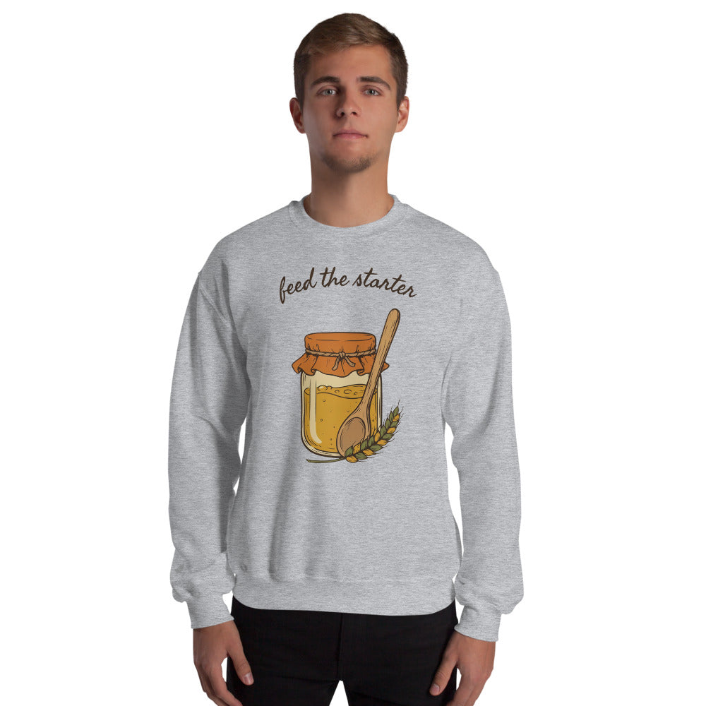 Feed The Starter sourdough baker crewneck sweatshirt — Sport Grey, on model