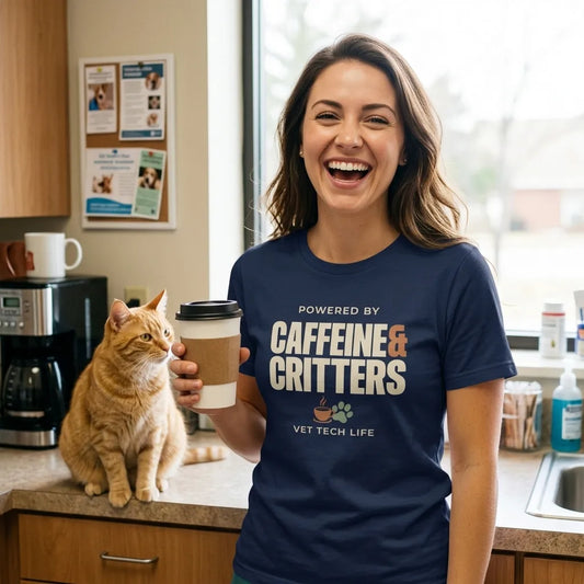 Powered by Caffeine & Critters funny vet tech tee — lifestyle
