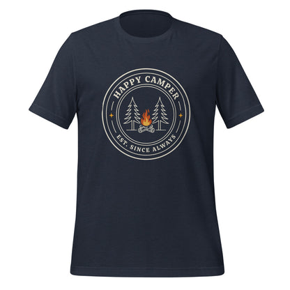 Happy Camper retro camp badge tee — Heather Navy, front