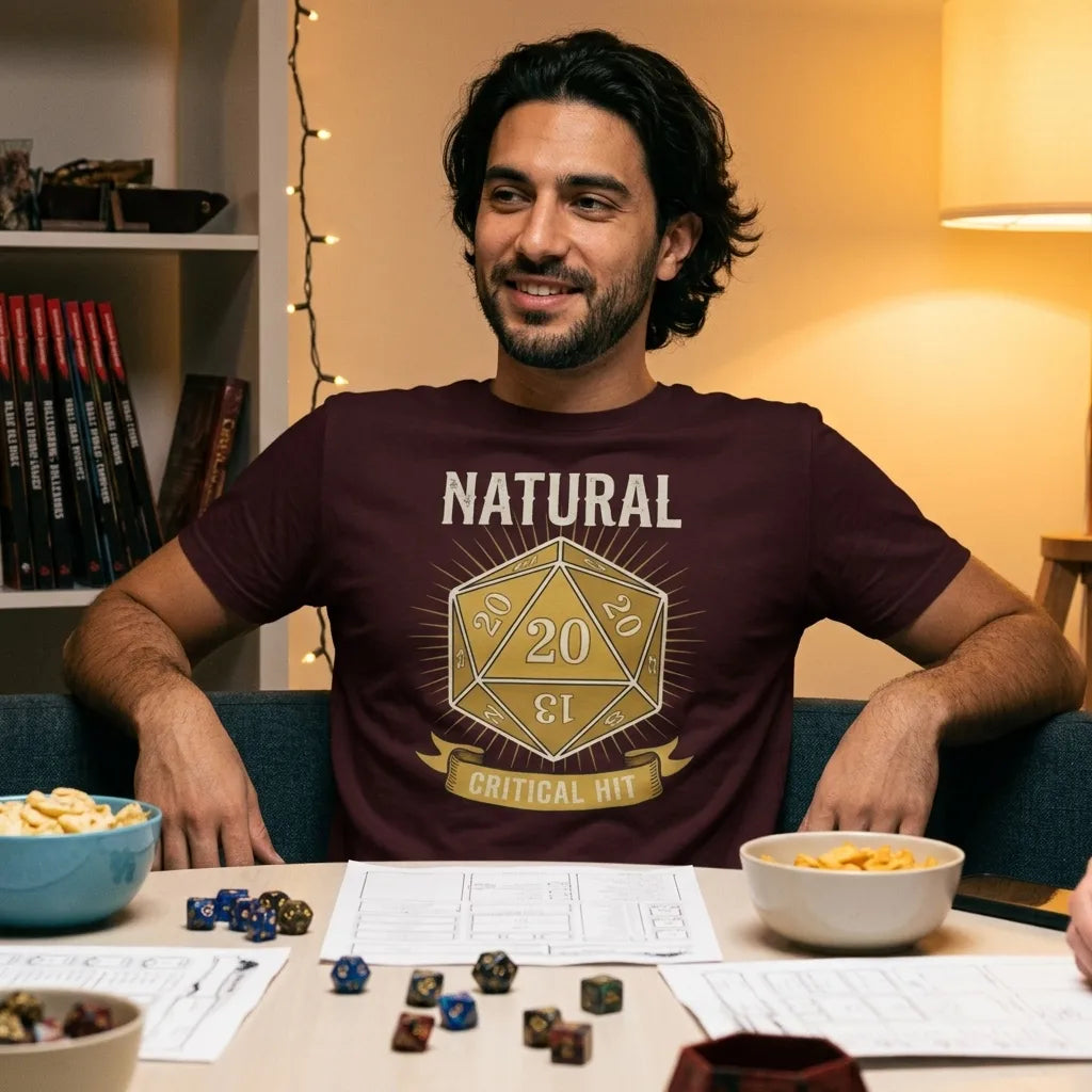 Natural 20 critical hit d20 tabletop RPG tee — lifestyle