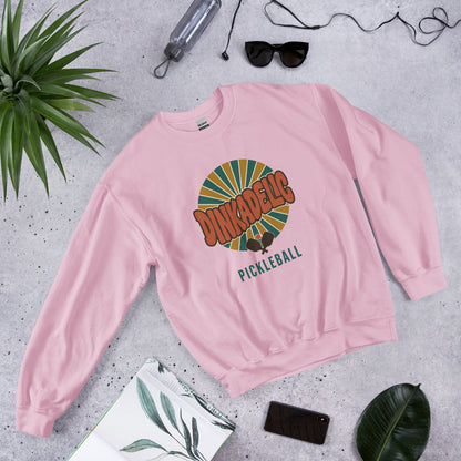 Light Pink Dinkadelic retro 70s pickleball crewneck sweatshirt ghost front right