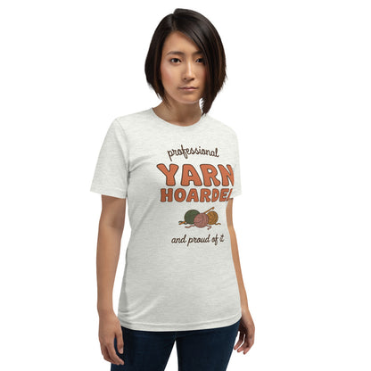 Model wearing the Professional Yarn Hoarder crochet tee — Ash