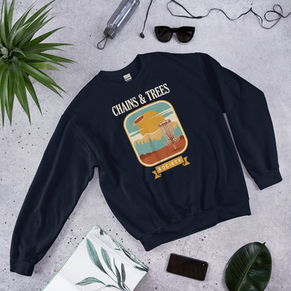 Chains & Trees Society disc golf retro landscape crewneck sweatshirt — Navy, front-right