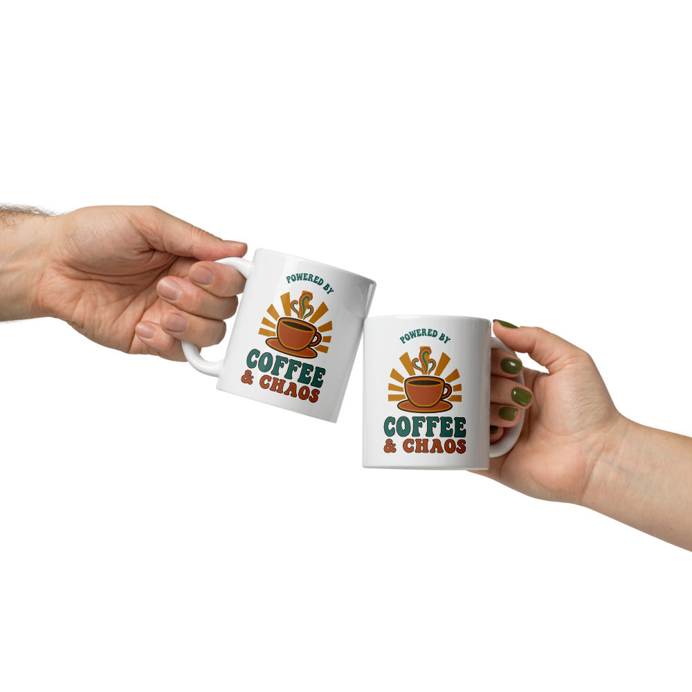 Powered By Coffee & Chaos print — 11 oz, front