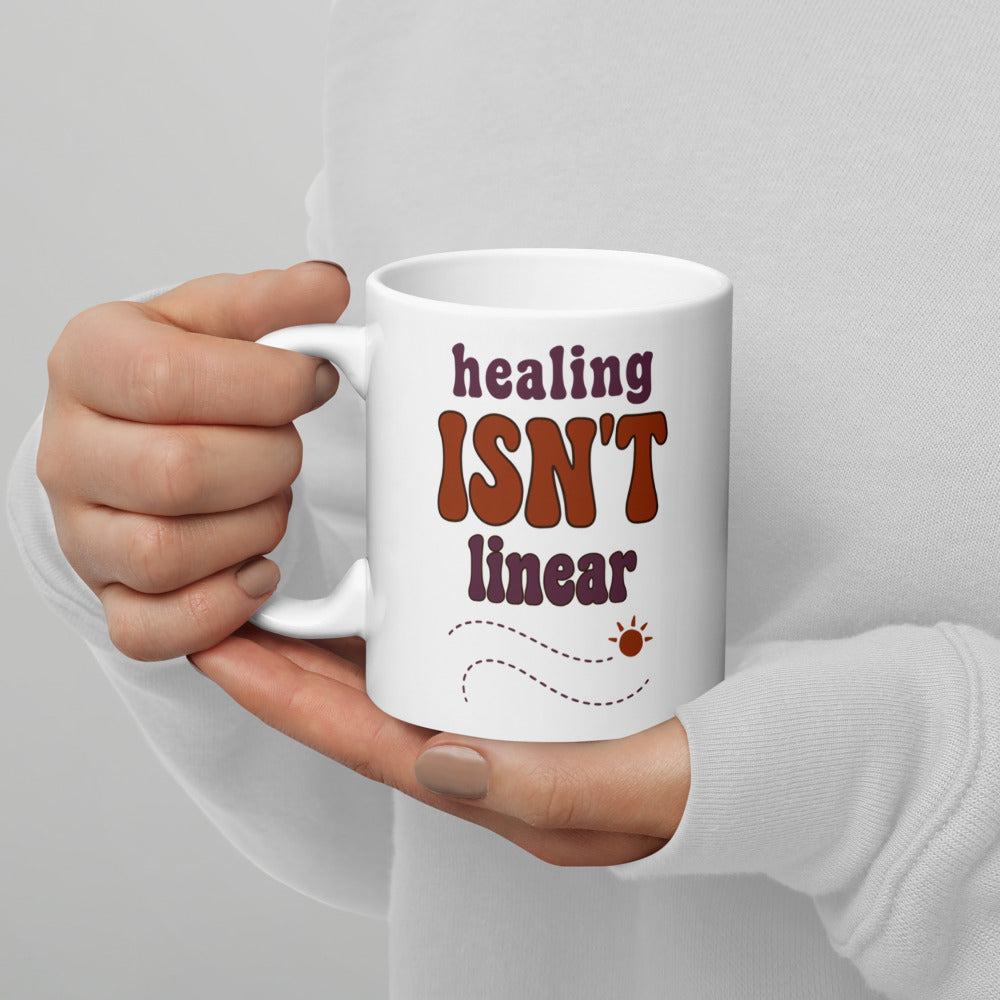 Healing Isn't Linear soft retro mental health mug — 11 oz