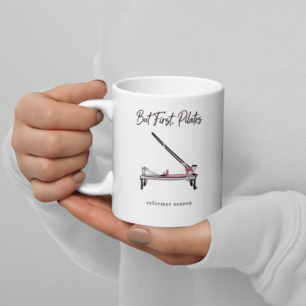 But First Pilates reformer line-art mug — 11 oz