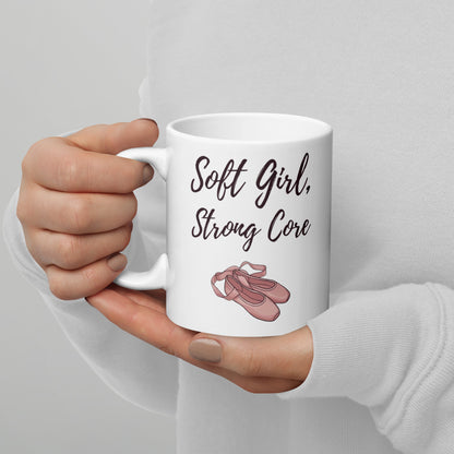 Soft Girl, Strong Core ballet-slipper pilates mug — 11 oz