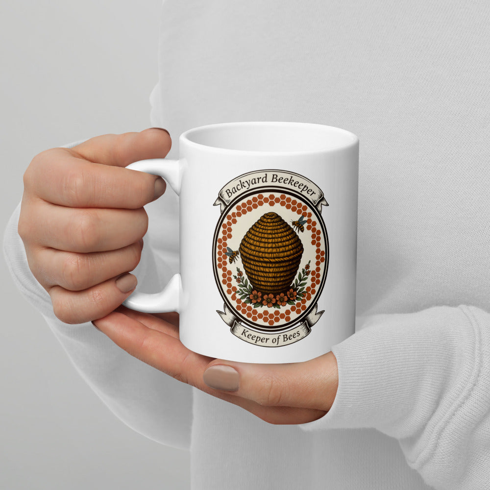 Backyard Beekeeper Keeper of Bees vintage apiary crest ceramic mug — 11 oz
