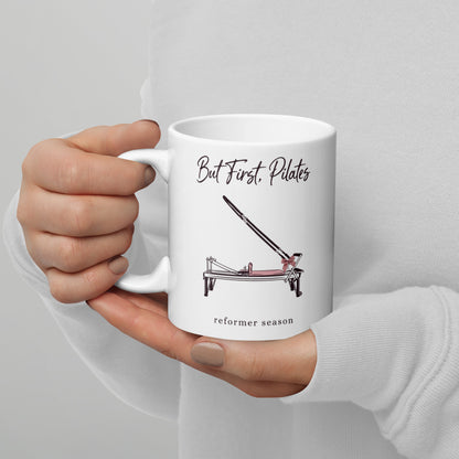 But First Pilates reformer line-art mug — 11 oz