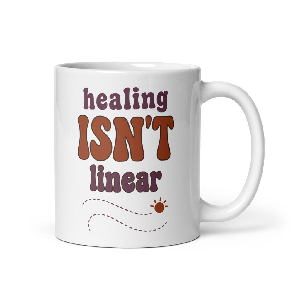 Healing Isn't Linear soft retro mental health mug — 11 oz, handle on the right
