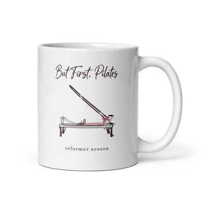 But First Pilates reformer line-art mug — 11 oz, handle on the right