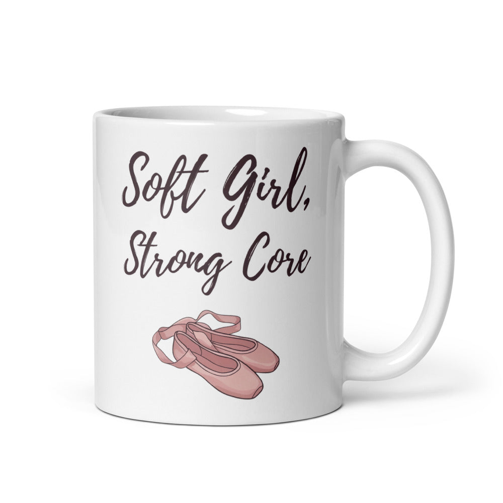 Soft Girl, Strong Core ballet-slipper pilates mug — 11 oz, handle on the right