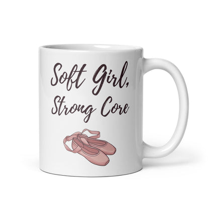 Soft Girl, Strong Core ballet-slipper pilates mug — 11 oz, handle on the right