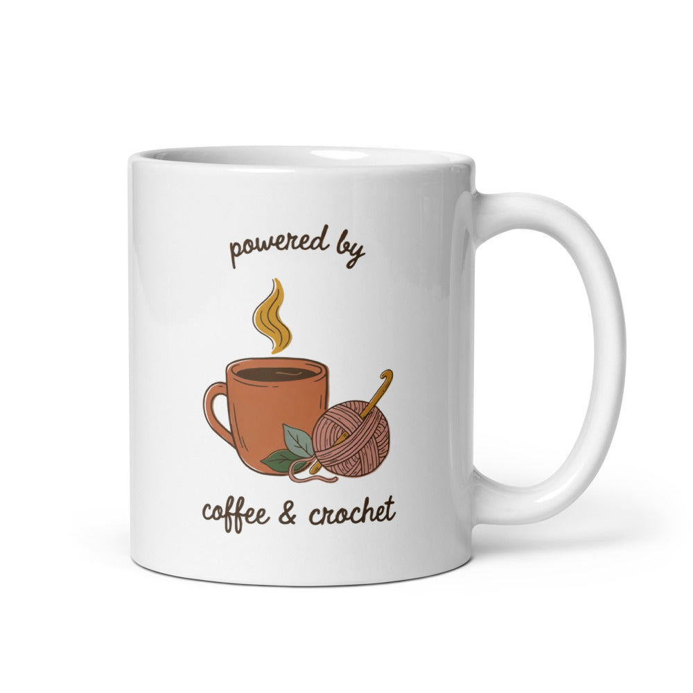 Powered by Coffee & Crochet print — 11 oz, handle on the right