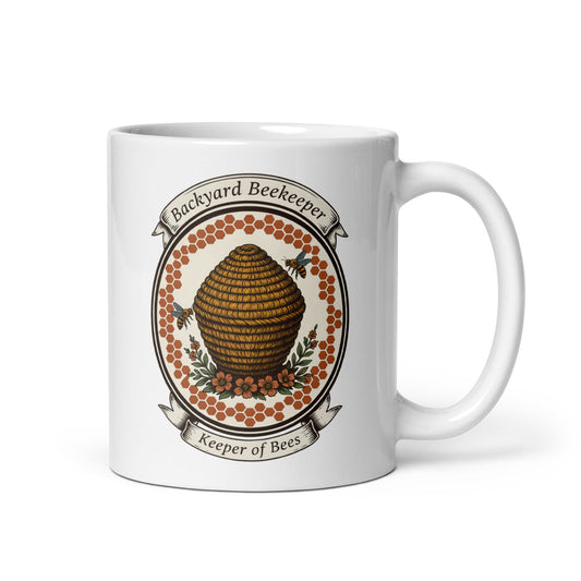 Backyard Beekeeper Keeper of Bees vintage apiary crest ceramic mug — 11 oz, handle on the right
