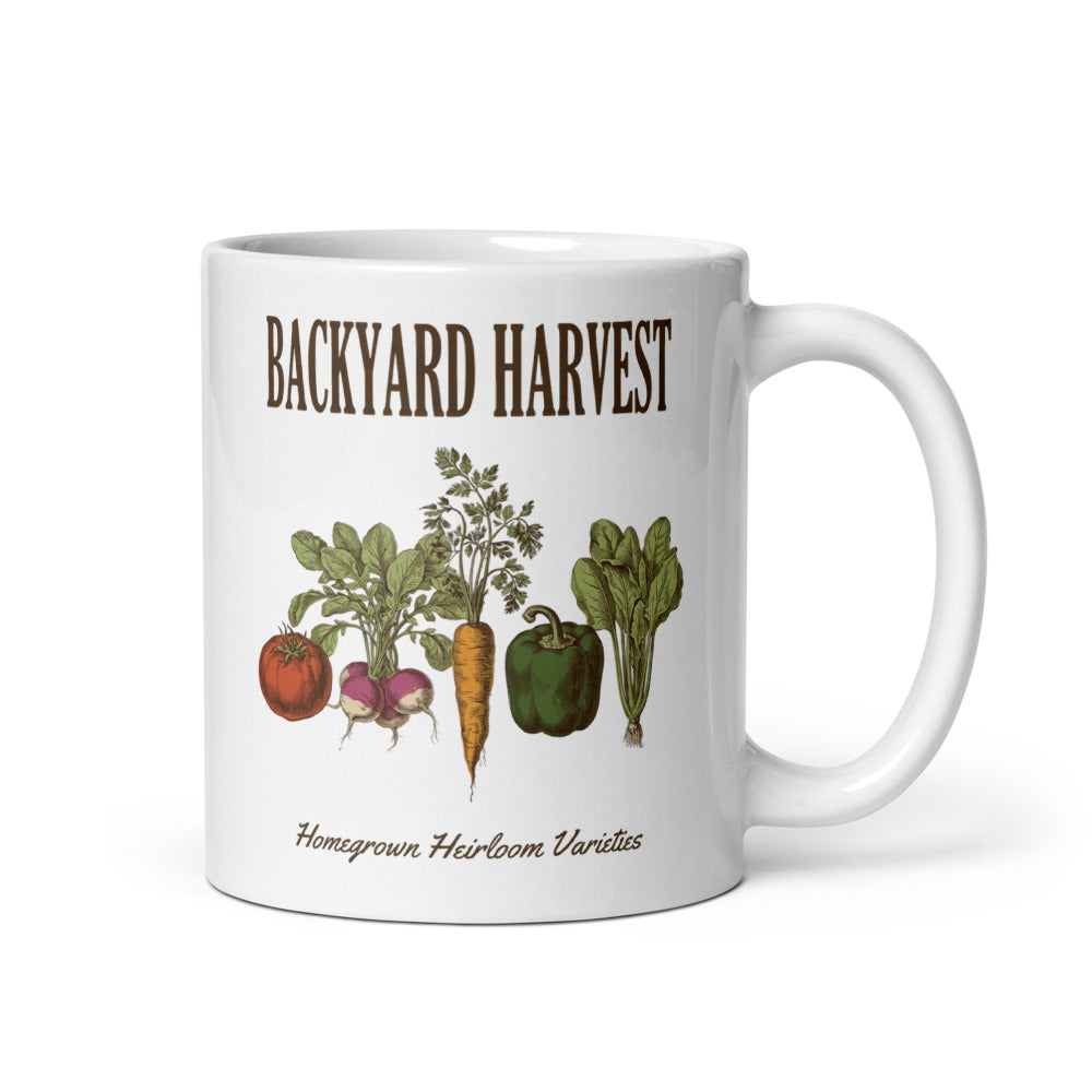Backyard Harvest Heirloom Varieties print — 11 oz, handle on the right