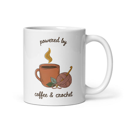 Powered by Coffee & Crochet print — 11 oz, handle on the right