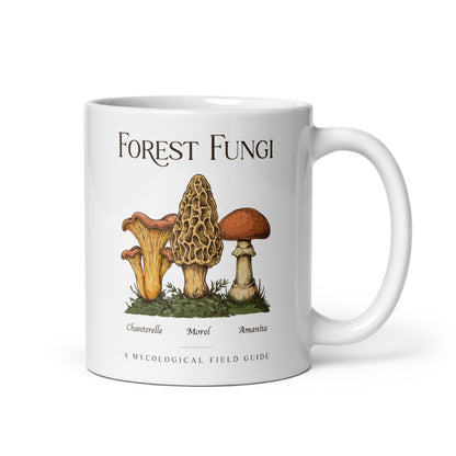 Forest Fungi vintage mushroom field guide mug — 11 oz, handle on the right