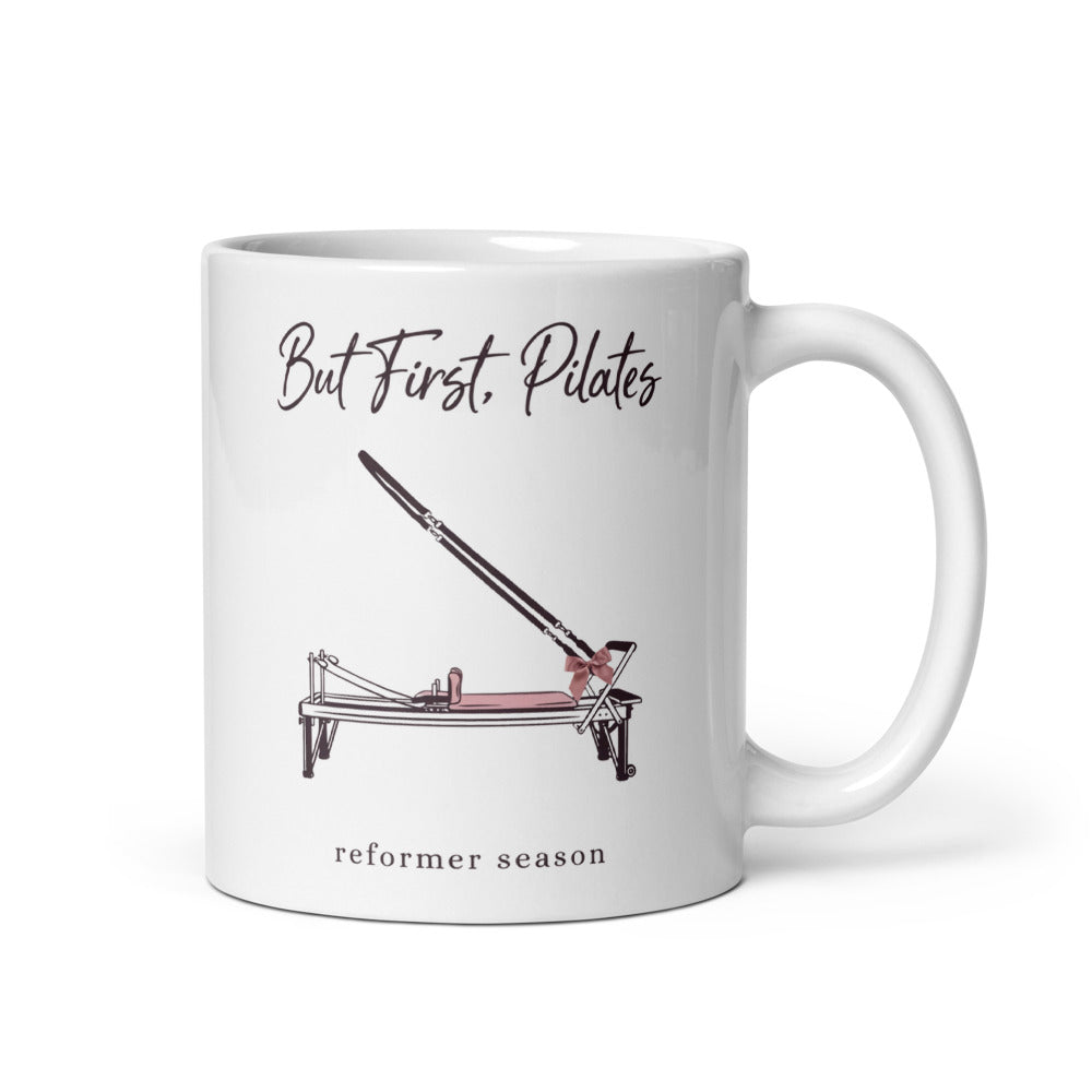 But First Pilates reformer line-art mug — 11 oz, handle on the right