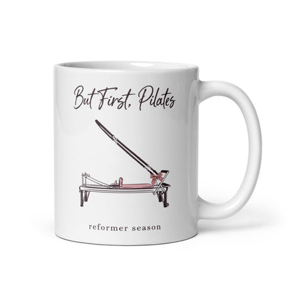 But First Pilates reformer line-art mug — 11 oz, handle on the right