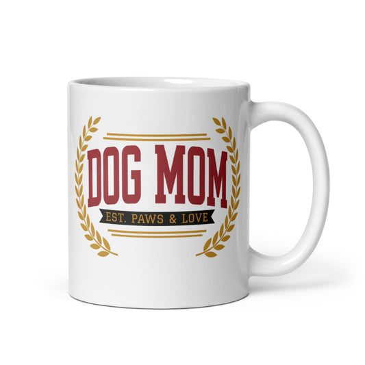 Dog Mom Est. Varsity Wordmark print — 11 oz, handle on the right