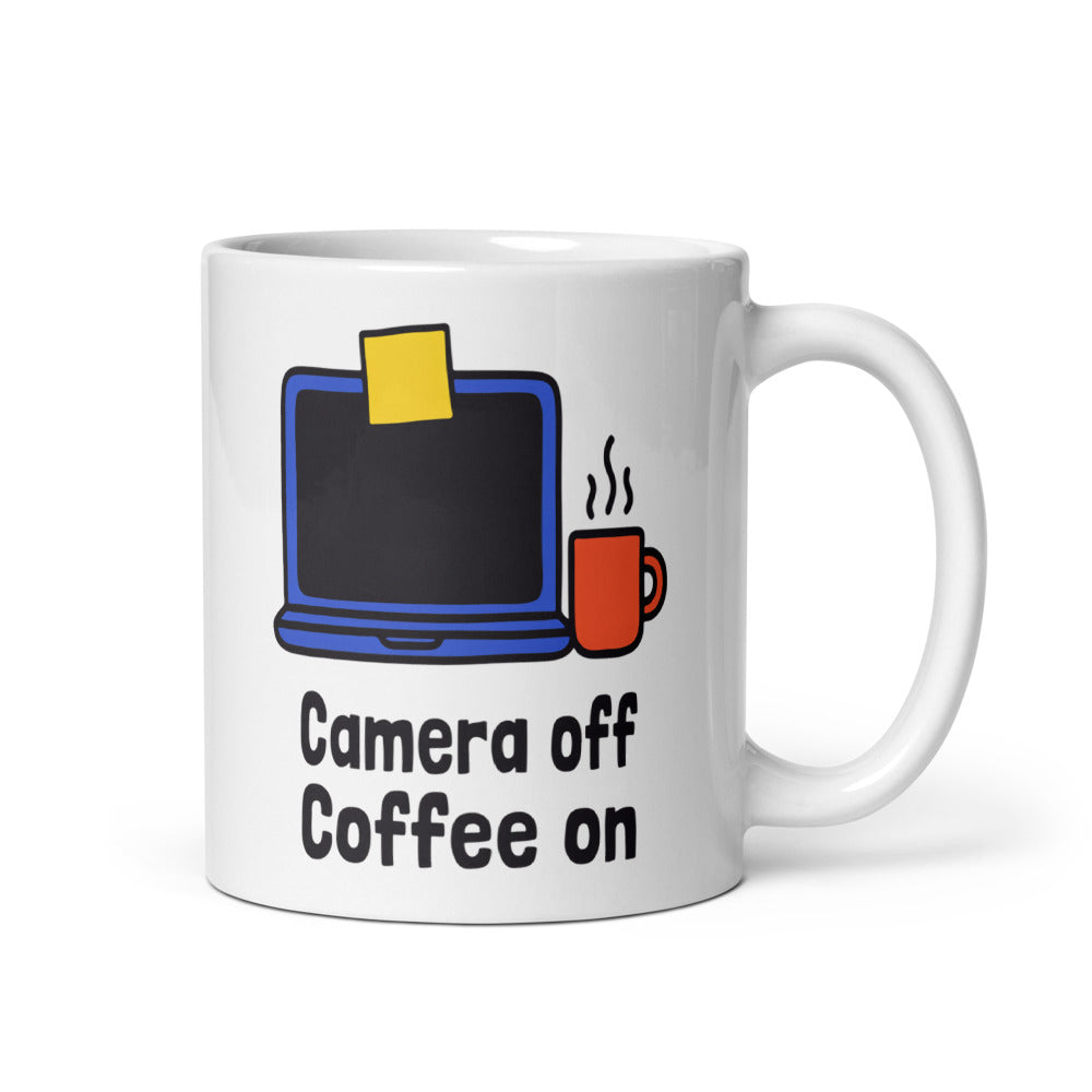 Camera Off Coffee On funny office coffee mug — 11 oz, handle on the right