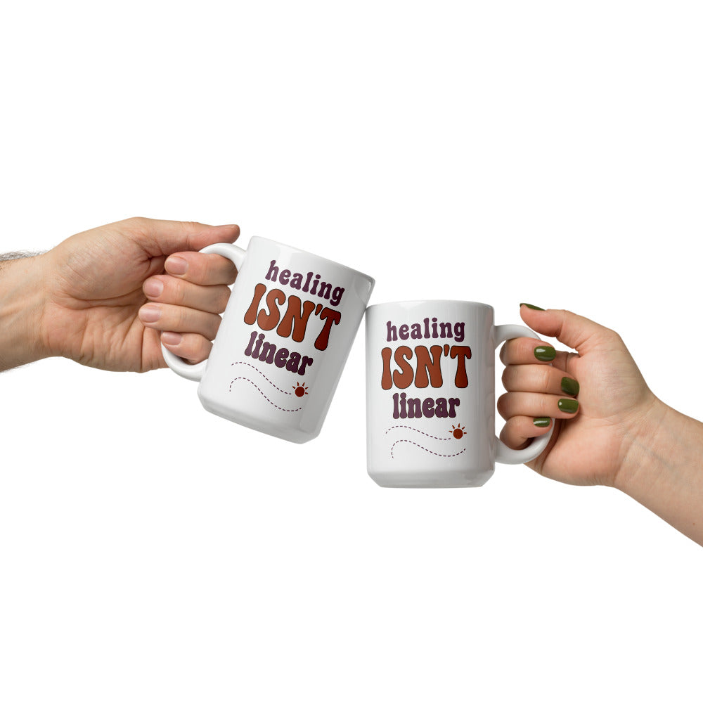 Healing Isn't Linear soft retro mental health mug — 15 oz, front