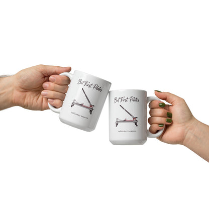 But First Pilates reformer line-art mug — 15 oz, front