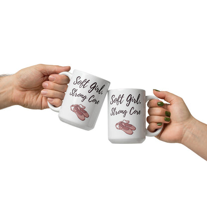 Soft Girl, Strong Core ballet-slipper pilates mug — 15 oz, front