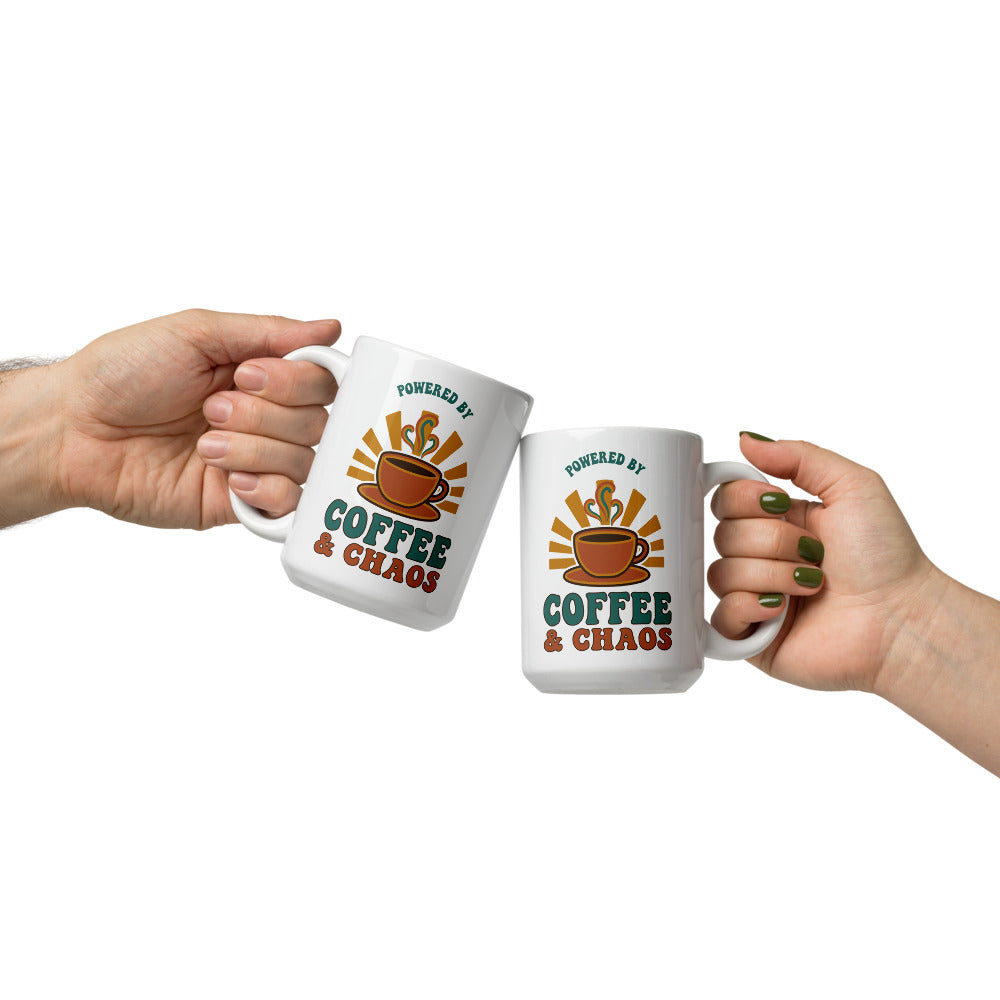 Powered By Coffee & Chaos print — 15 oz, front