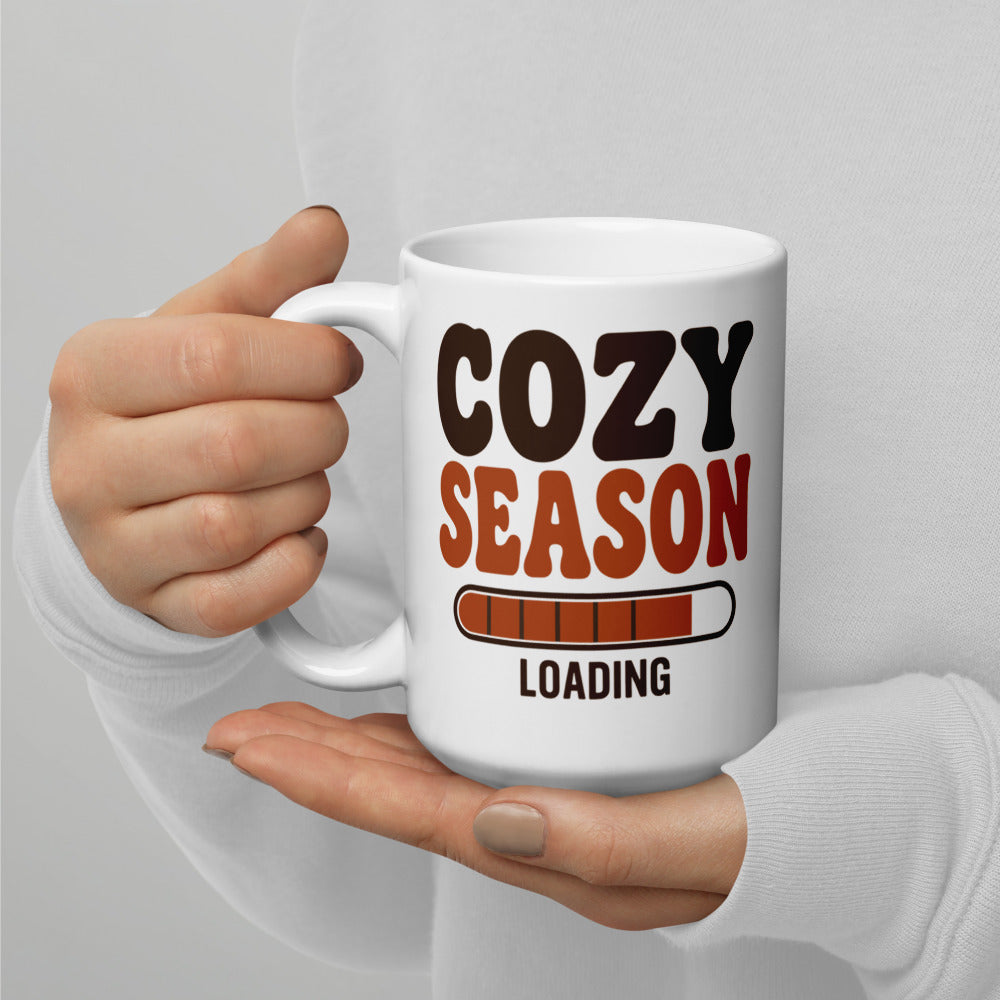 Cozy Season Loading retro 70s fall coffee mug — 15 oz, handle on the left