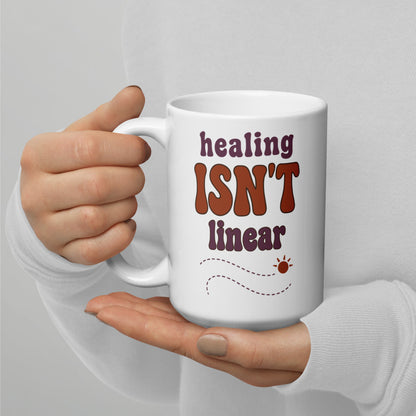 Healing Isn't Linear soft retro mental health mug — 15 oz
