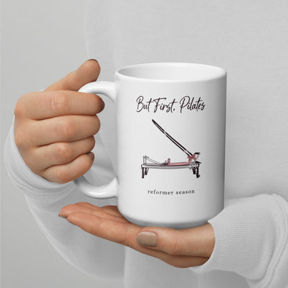 But First Pilates reformer line-art mug — 15 oz