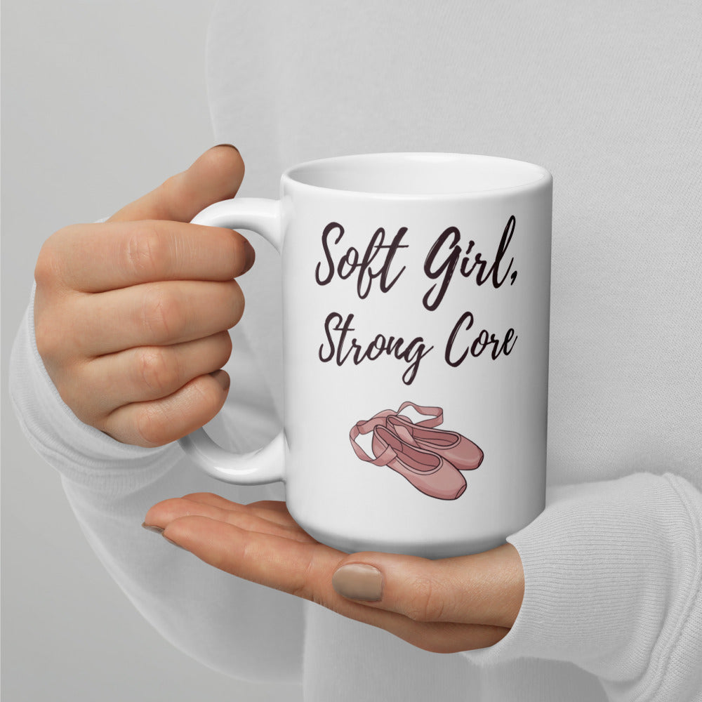Soft Girl, Strong Core ballet-slipper pilates mug — 15 oz