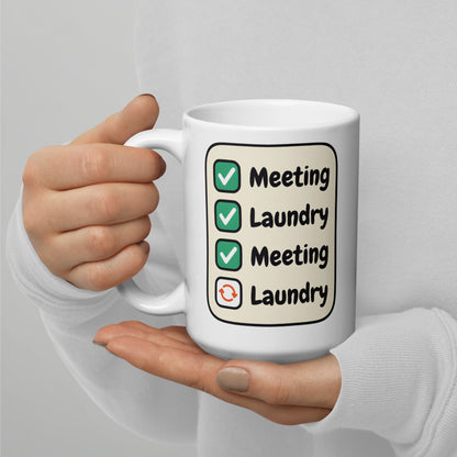 Meeting Laundry funny office coffee mug — 15 oz, handle on the left