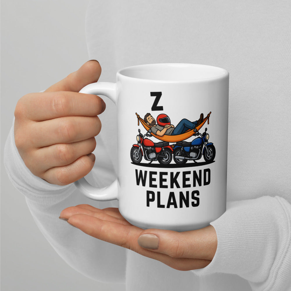 Weekend Plans funny motorcycle dad coffee mug — 15 oz, handle on the left