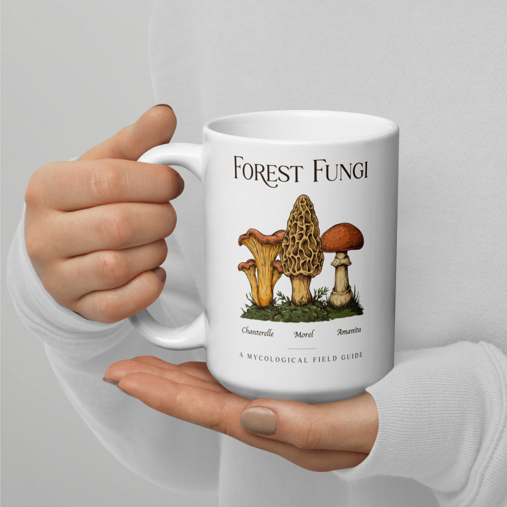 Forest Fungi vintage mushroom field guide mug — 15 oz