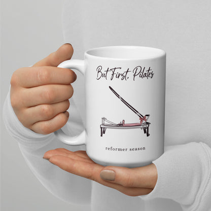 But First Pilates reformer line-art mug — 15 oz