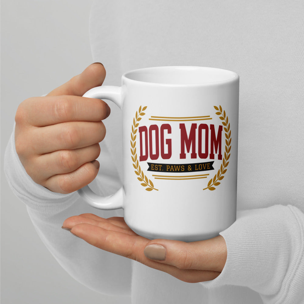 Dog Mom Est. Varsity Wordmark print — 15 oz