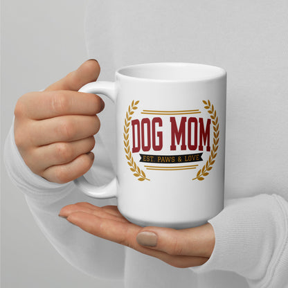 Dog Mom Est. Varsity Wordmark print — 15 oz