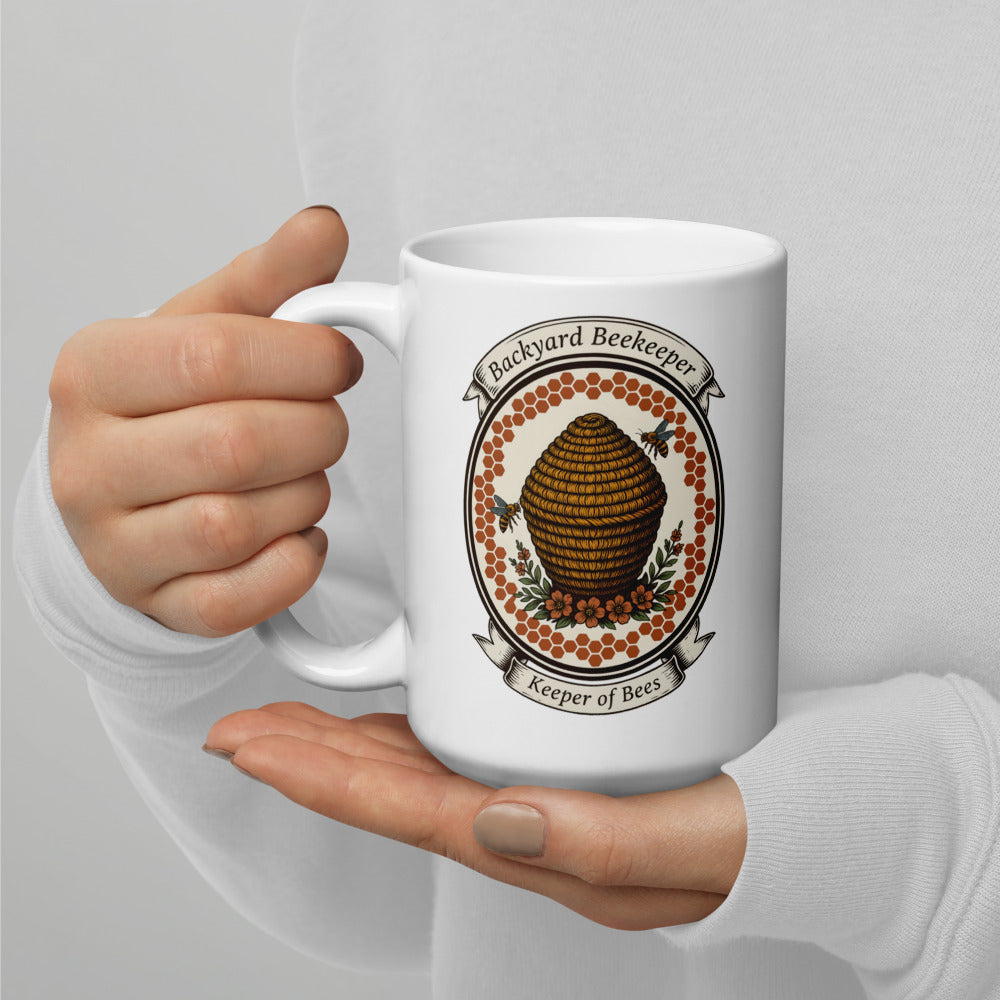 Backyard Beekeeper Keeper of Bees vintage apiary crest ceramic mug — 15 oz