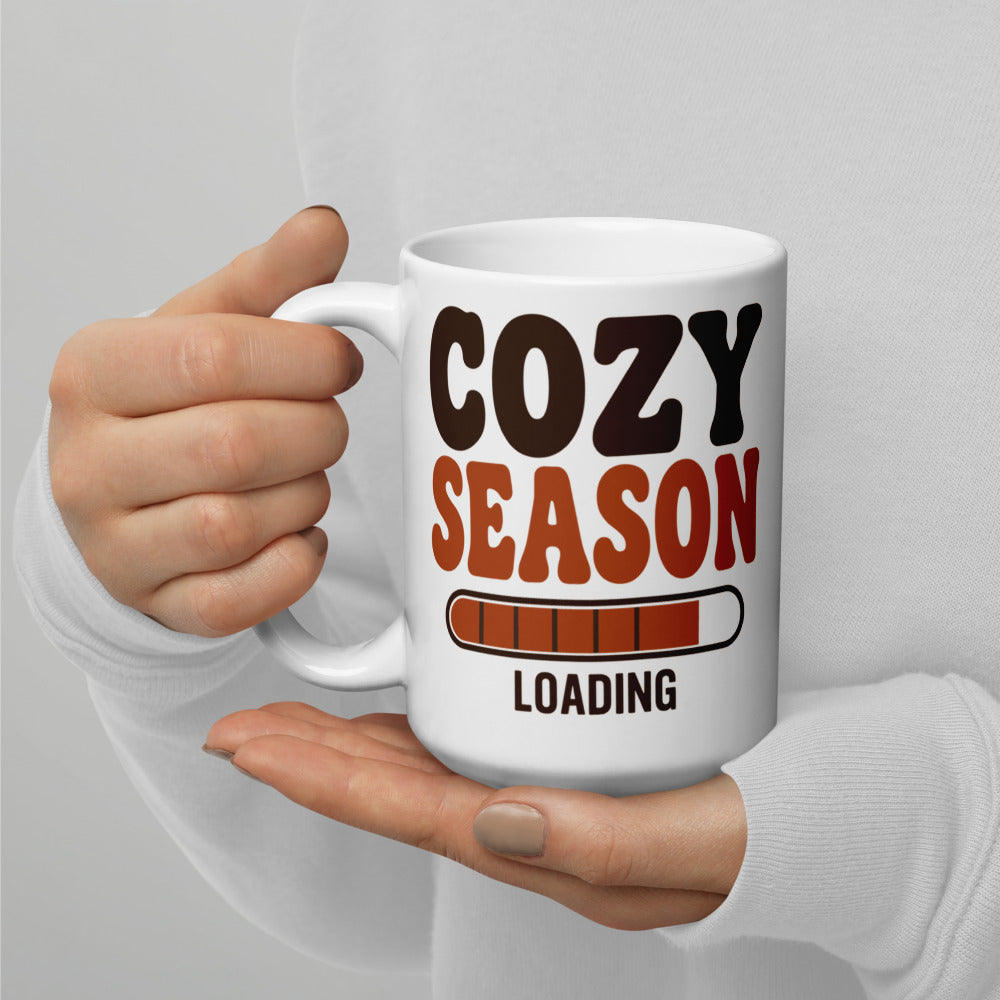 Cozy Season Loading retro 70s fall coffee mug — 15 oz, handle on the left