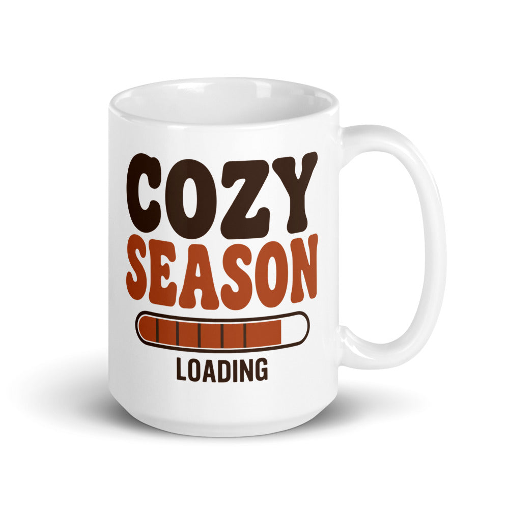 Cozy Season Loading retro 70s fall coffee mug — 15 oz, handle on the right